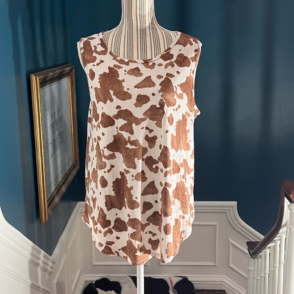 Brown Cowprint Sleeveless Tank Top tunic xL women’s soft western T408